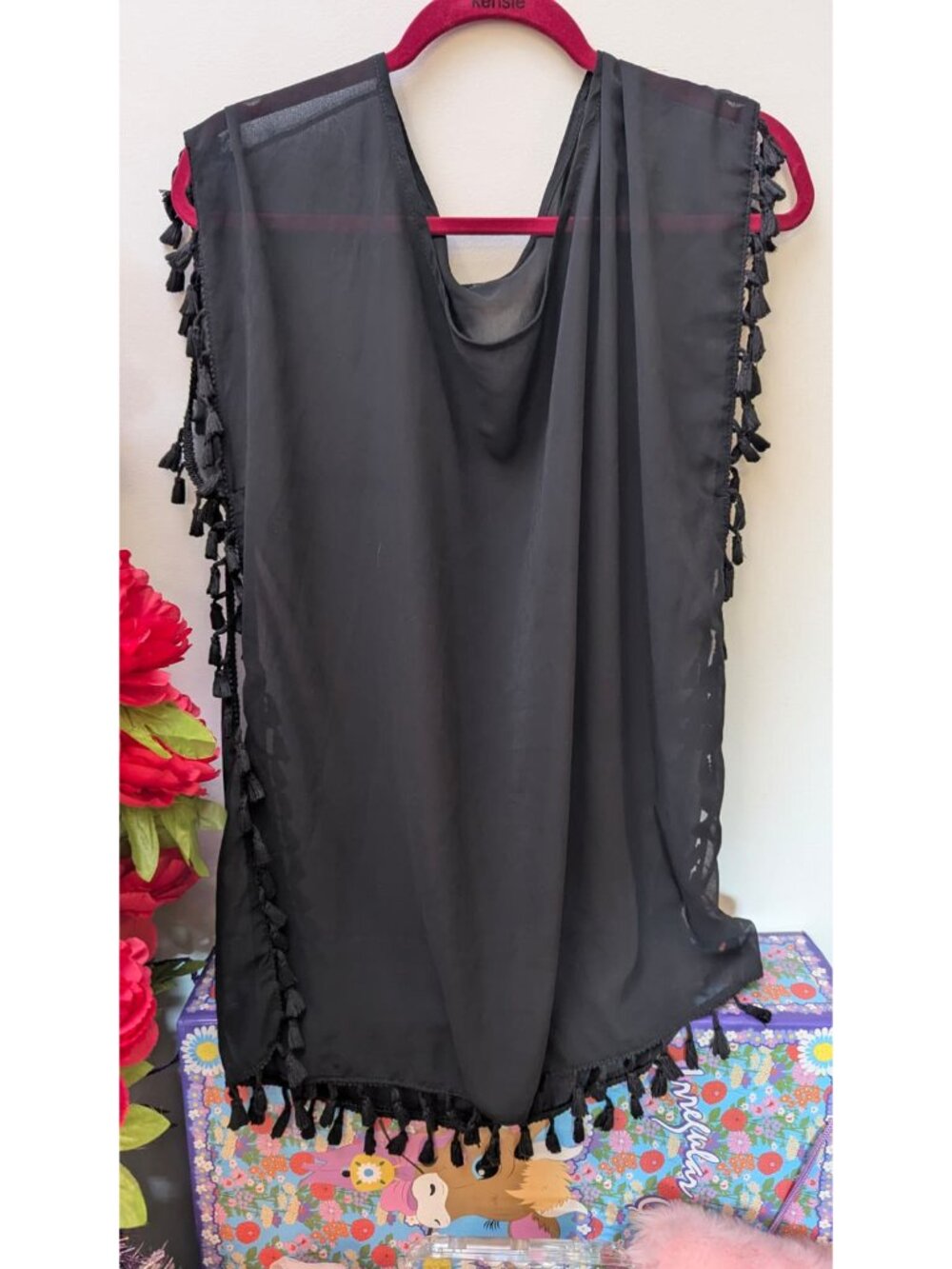 Unknown / Tagless Sheer Black Tunic Top with Tassels